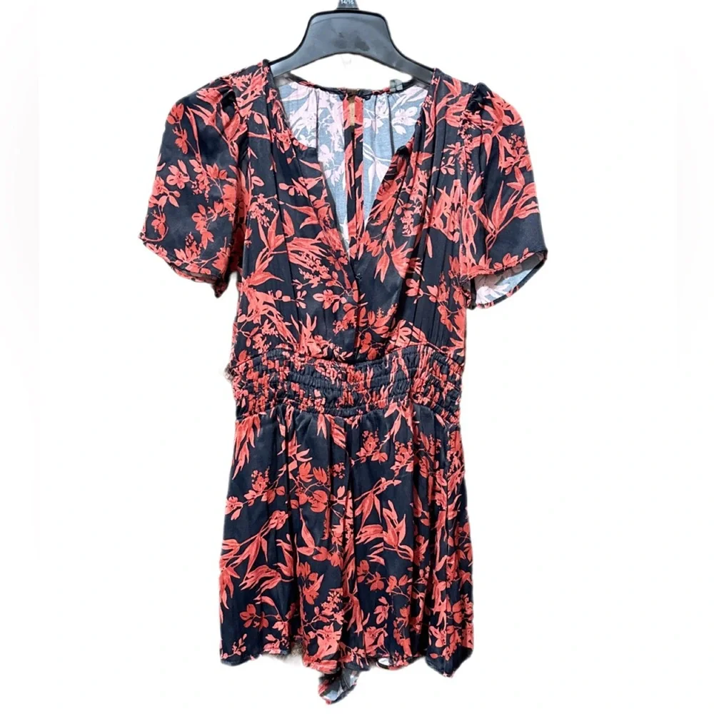 Anthropologie the Somerset: Black and Red Floral Satin Romper Edition XS